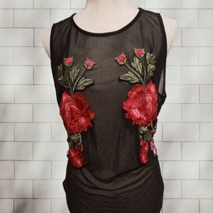 🌹Forever 21 Black Mesh Bodysuit with Embroidered Roses Plus Sz 2Xl